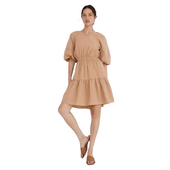 Madewell Dresses & Skirts - Madewell Seersucker Puff-Sleeve Cutout Mini Dress Seed Khaki XXS NWOT